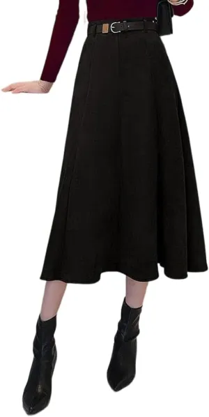 1245-1 Faux Suede Leather A-line Skirt for Women High Waist Brown Long Midi Belt Skirts