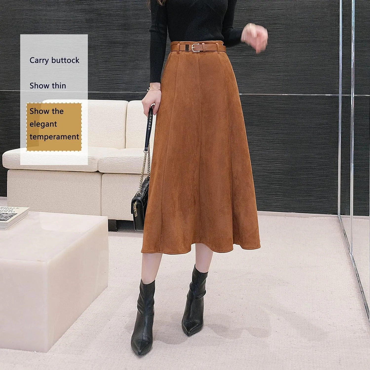 1245-1 Faux Suede Leather A-line Skirt for Women High Waist Brown Long Midi Belt Skirts