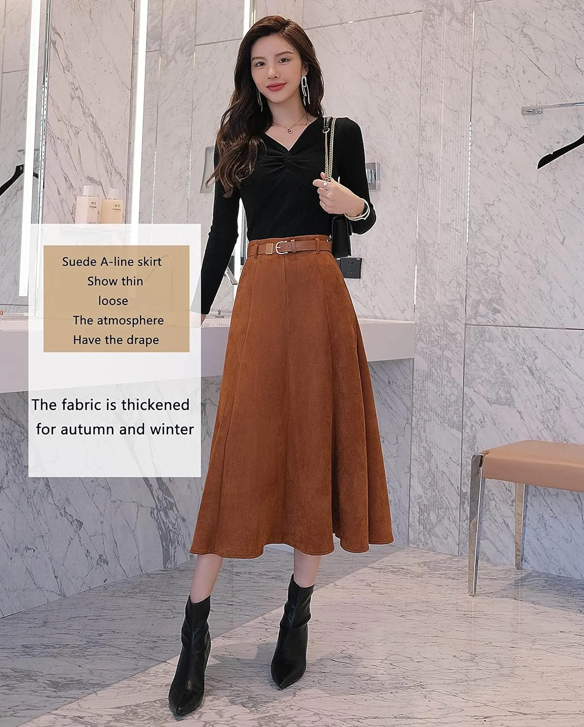 1245-1 Faux Suede Leather A-line Skirt for Women High Waist Brown Long Midi Belt Skirts