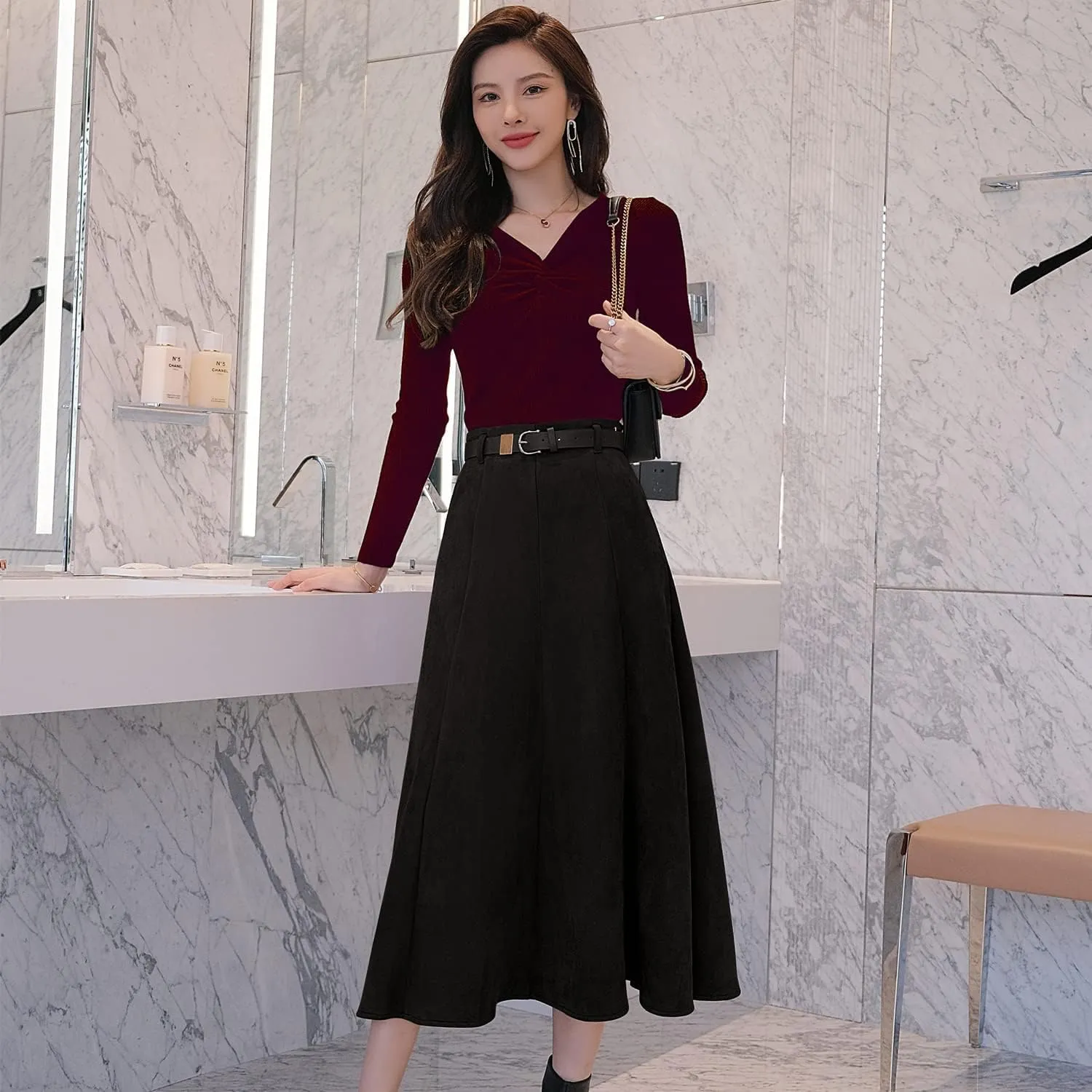 1245-1 Faux Suede Leather A-line Skirt for Women High Waist Brown Long Midi Belt Skirts