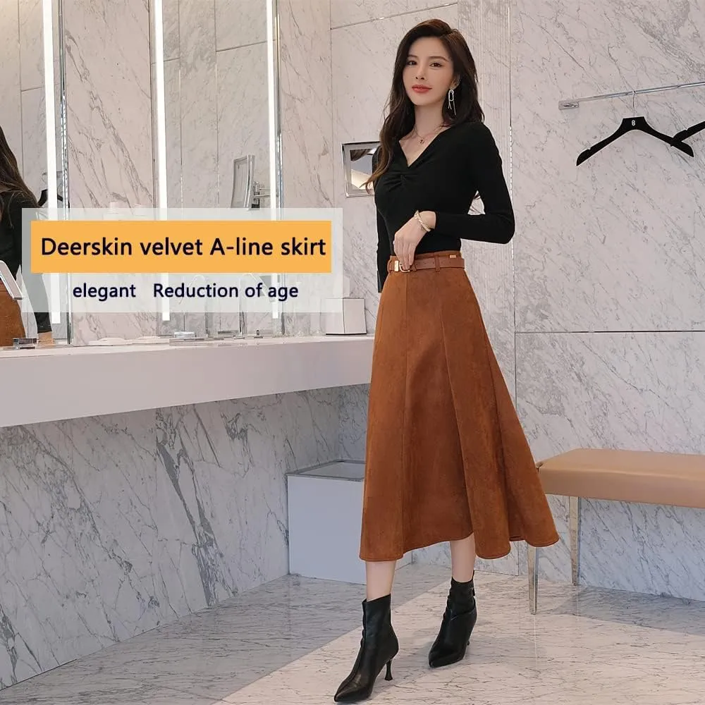 1245-1 Faux Suede Leather A-line Skirt for Women High Waist Brown Long Midi Belt Skirts
