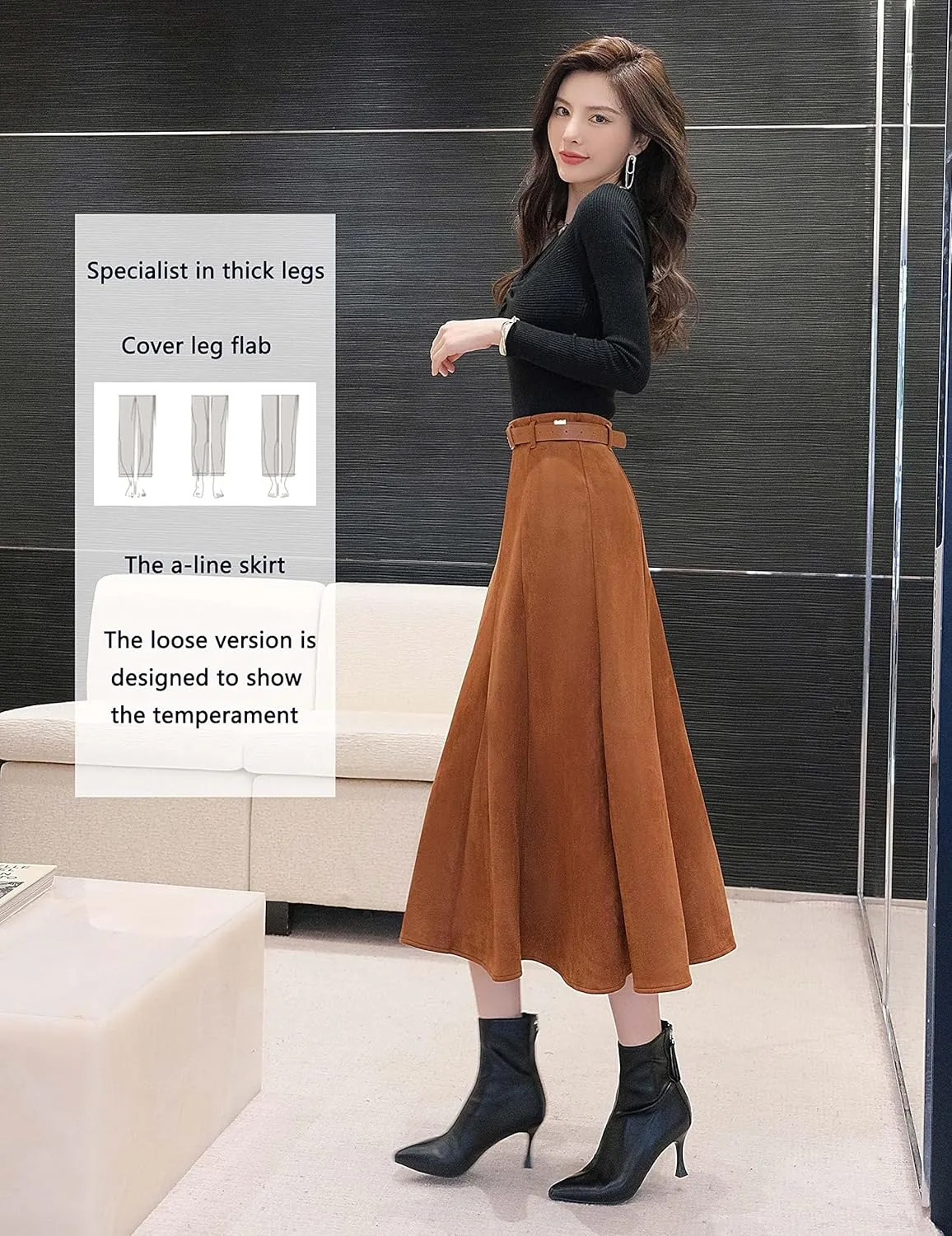 1245-1 Faux Suede Leather A-line Skirt for Women High Waist Brown Long Midi Belt Skirts