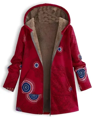 Akivide Women's Winter Ethnic Style Patchwork Sherpa Fleece Lined Hooded Jacket Plus Size Fluffy Warm Outwear with Pockets