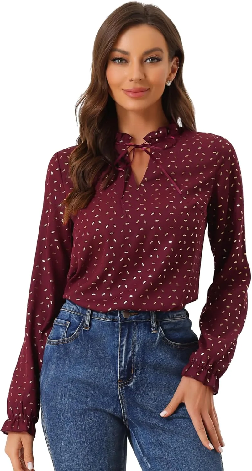 Allegra K Women's Bow Tie Neck Blouse Ruffled Collar Printed Long Sleeve Vintage Top
