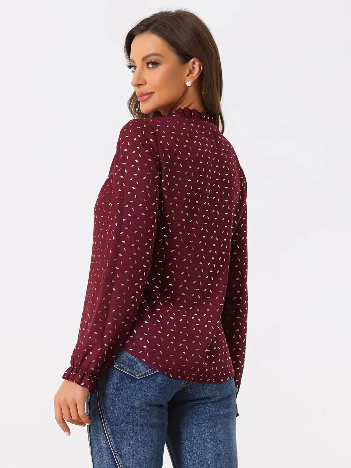 Allegra K Women's Bow Tie Neck Blouse Ruffled Collar Printed Long Sleeve Vintage Top