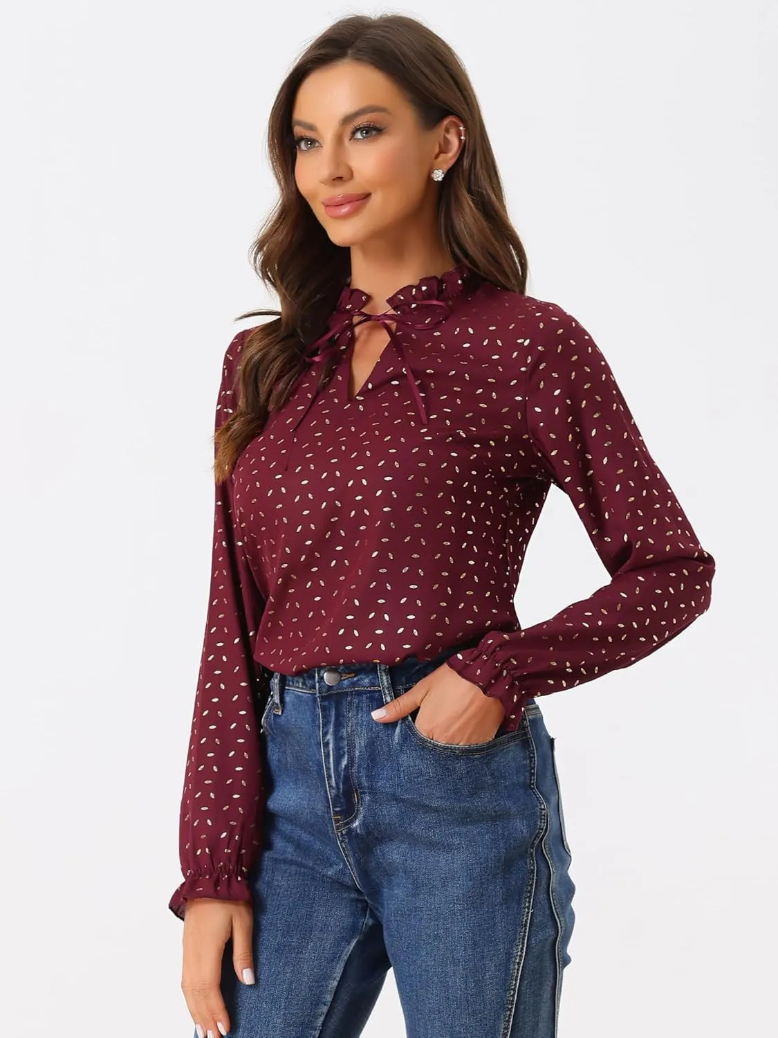 Allegra K Women's Bow Tie Neck Blouse Ruffled Collar Printed Long Sleeve Vintage Top
