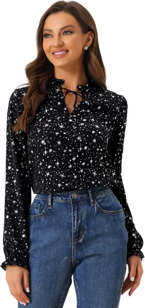 Allegra K Women's Bow Tie Neck Blouse Ruffled Collar Printed Long Sleeve Vintage Top