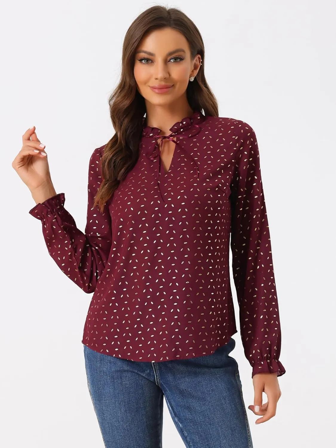Allegra K Women's Bow Tie Neck Blouse Ruffled Collar Printed Long Sleeve Vintage Top