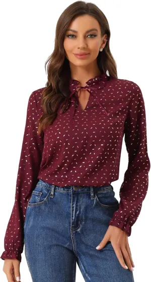 Allegra K Women's Bow Tie Neck Blouse Ruffled Collar Printed Long Sleeve Vintage Top