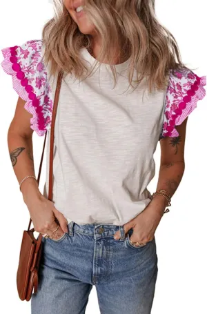 Apvirdy Women Ricrac Trim Printed Flutter Sleeve Tops Crew Neck Contrast Patchwork Blouse