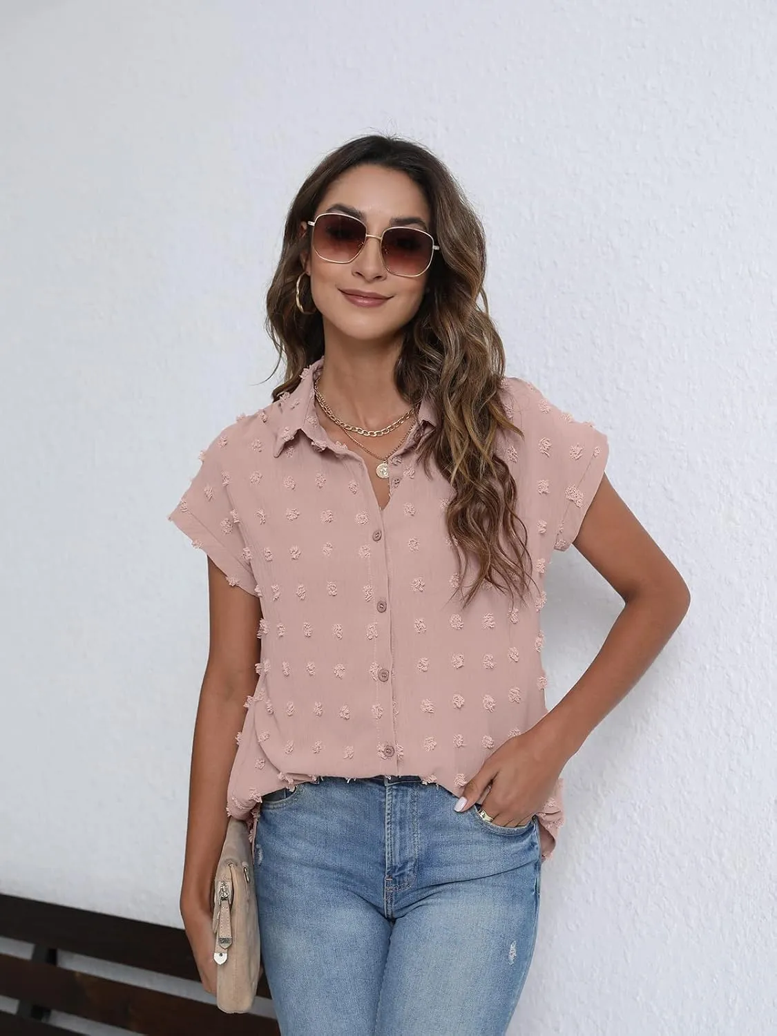 BOTHENIAL Women White Button Down Shirt Dressy Casual Work Tops Chiffon Blouse Summer Short Sleeve Shirts