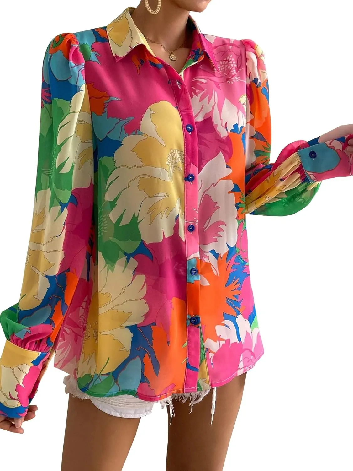 Button Down Shirts for Women Dressy Lantern Long Sleeve Blouses Printed Casual Loose Colorful Blouse Work Tops