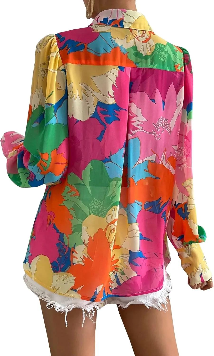 Button Down Shirts for Women Dressy Lantern Long Sleeve Blouses Printed Casual Loose Colorful Blouse Work Tops