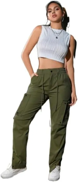 Cargo Jogger Pants with Elastic Waist, Drawstring, Flap Pockets, and Zipper Detail  Black & Khaki Colors for Women
