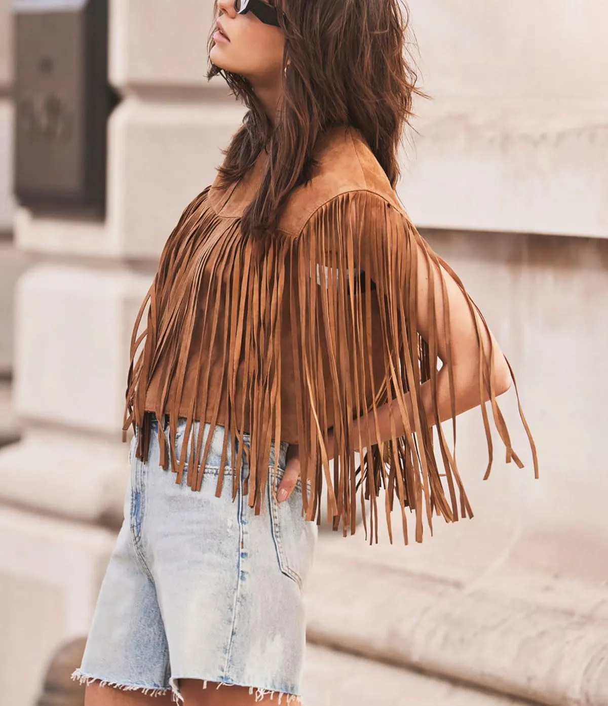 chouyatou Women's Fashion Fringe Tassels Faux Suede Leather Sleeveless Cropped Vest Jacket Tops