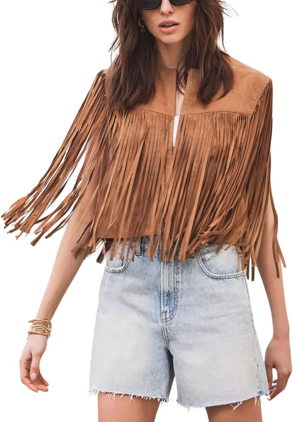 chouyatou Women's Fashion Fringe Tassels Faux Suede Leather Sleeveless Cropped Vest Jacket Tops