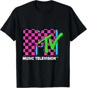 Classic MTV Logo Pink And Blue Checker Design T-Shirt
