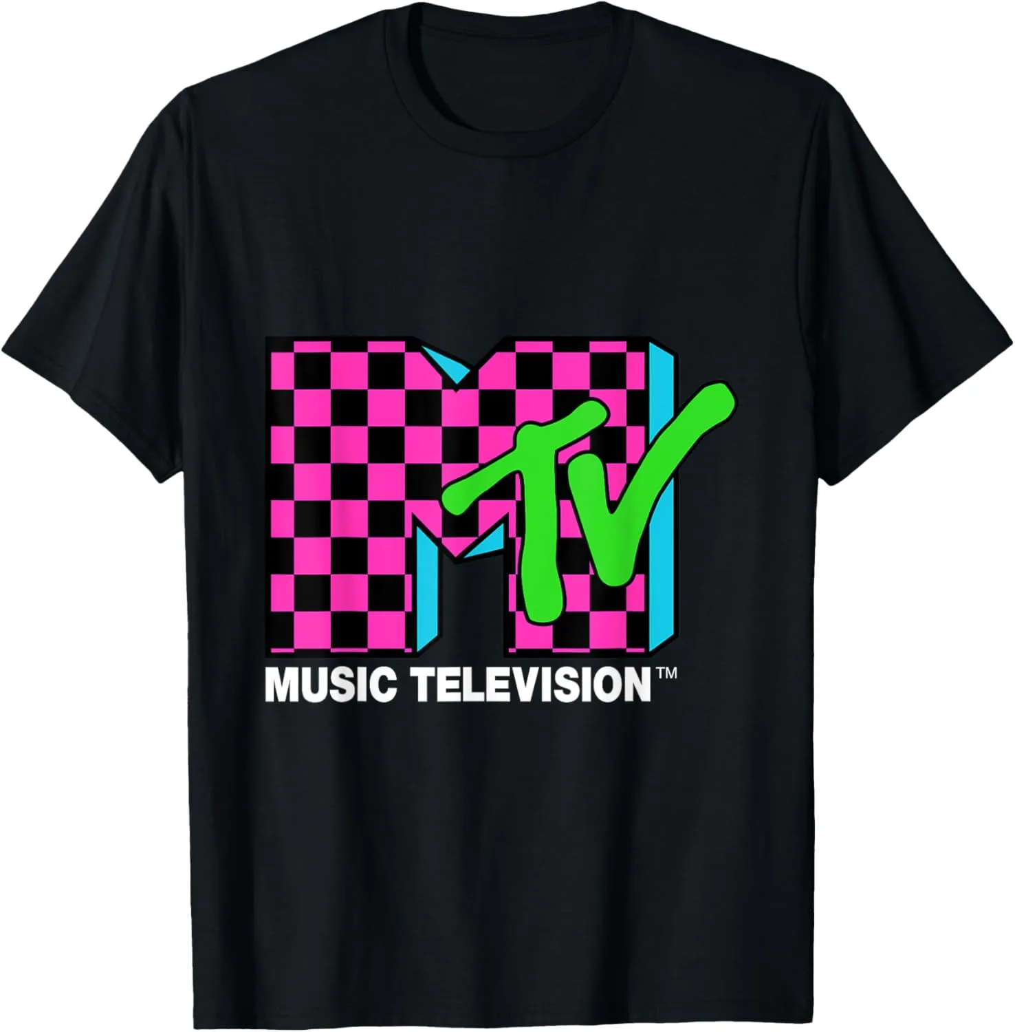 Classic MTV Logo Pink And Blue Checker Design T-Shirt