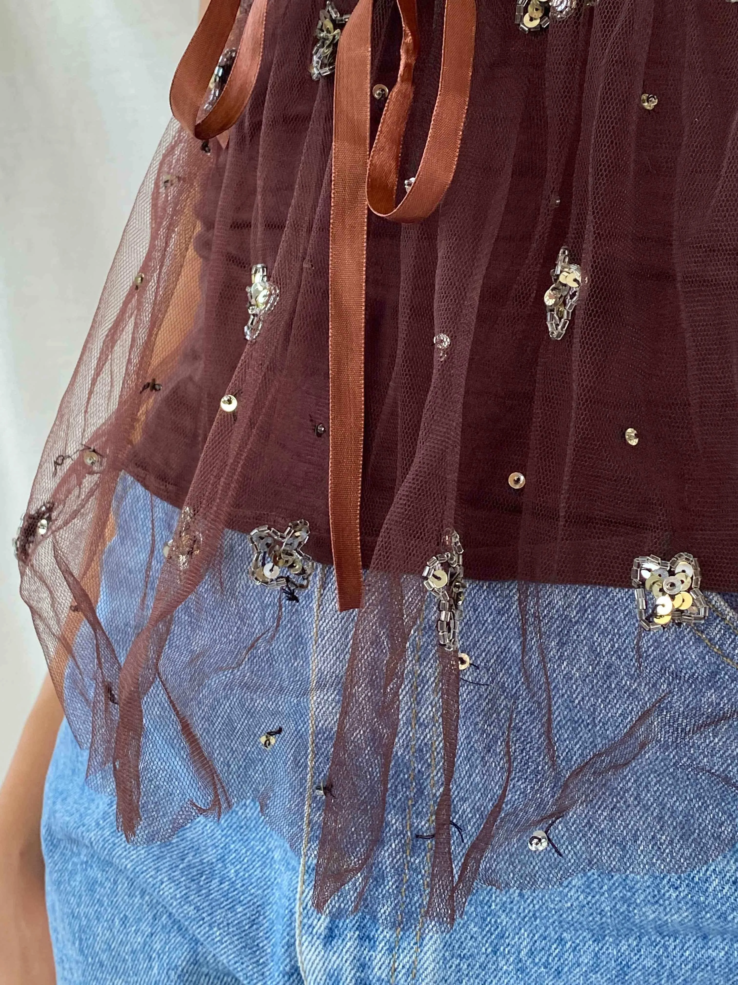 Cute Y2K Brown Beaded Tulle  Top