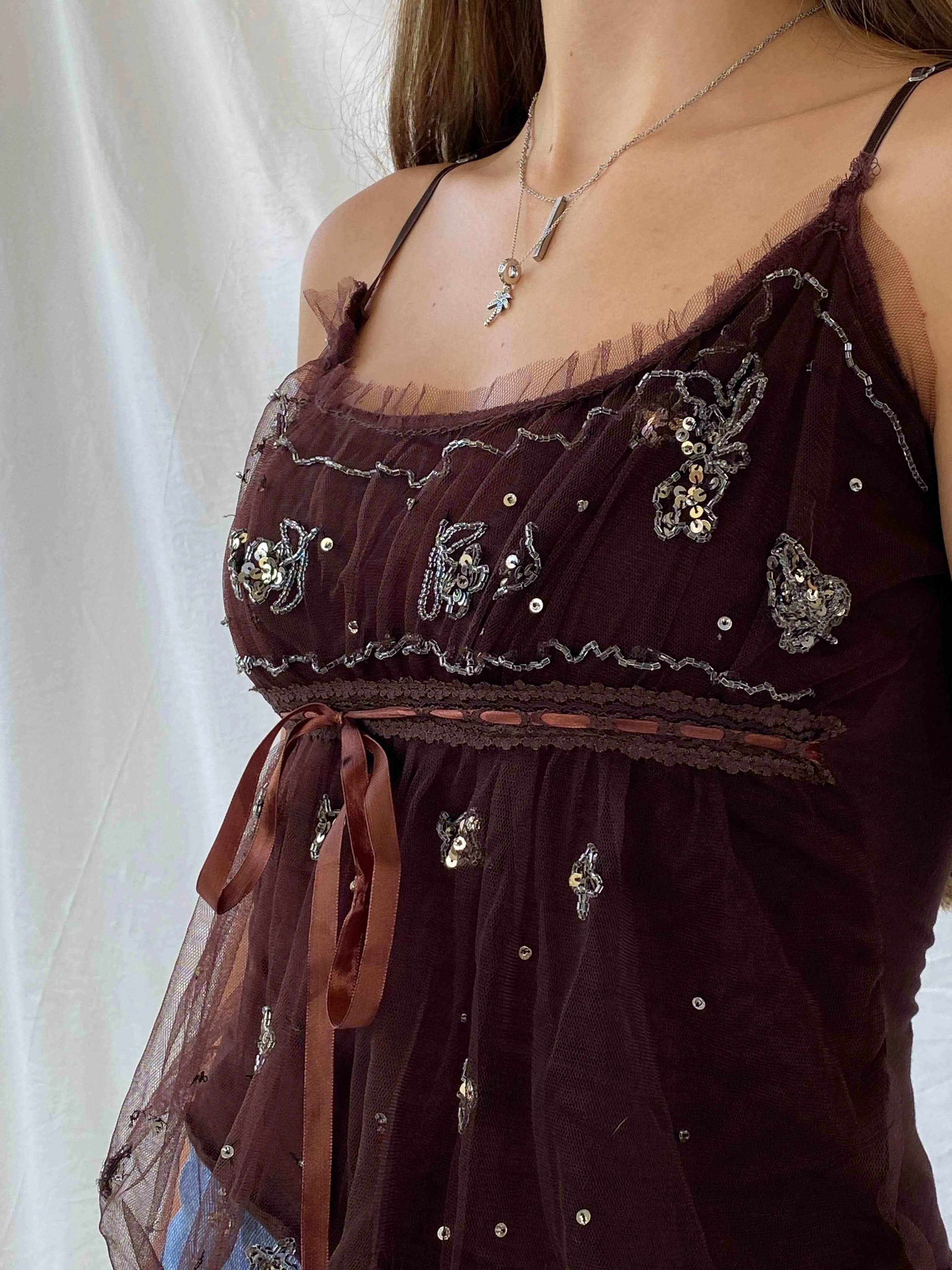 Cute Y2K Brown Beaded Tulle  Top