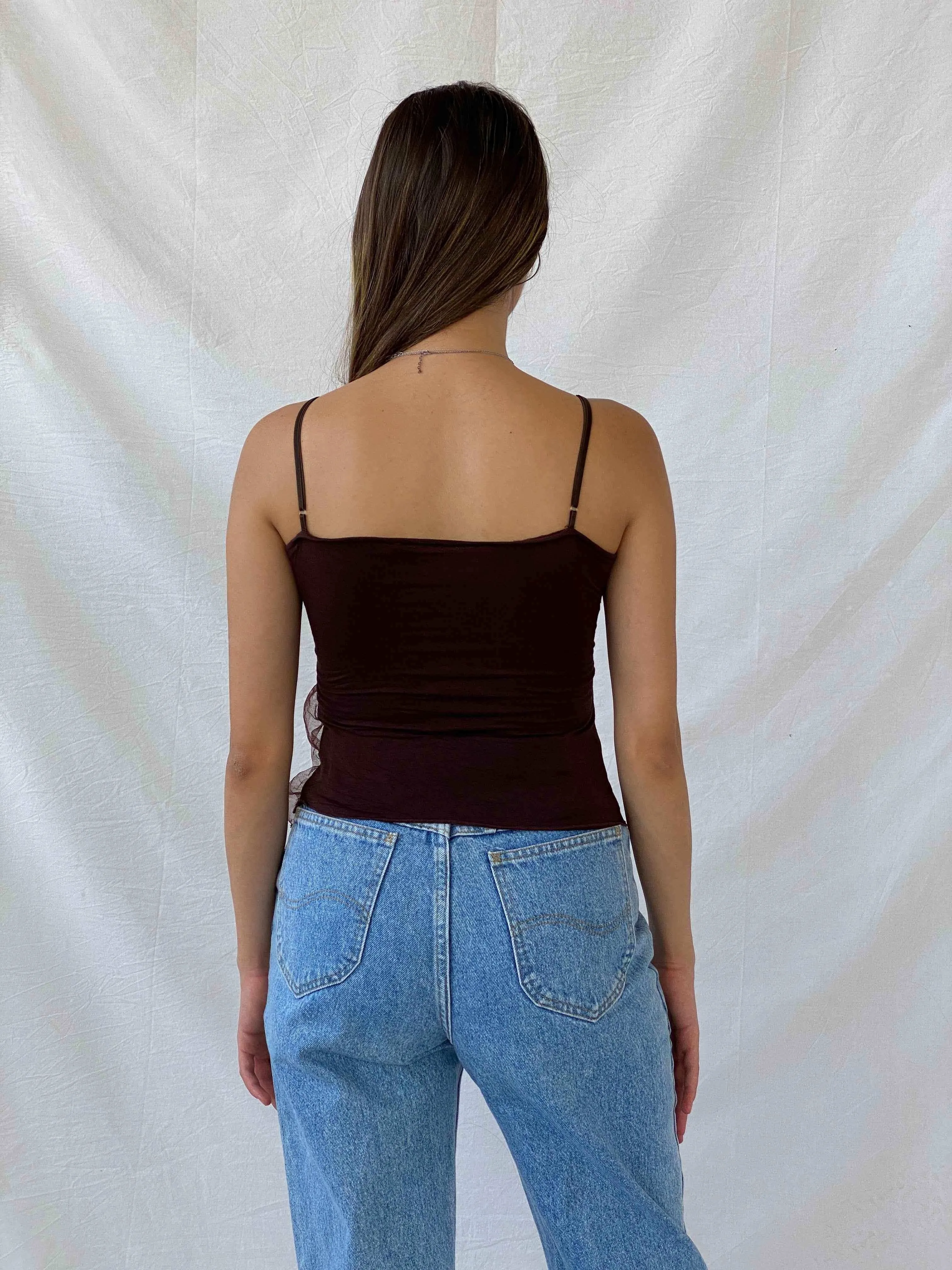 Cute Y2K Brown Beaded Tulle  Top