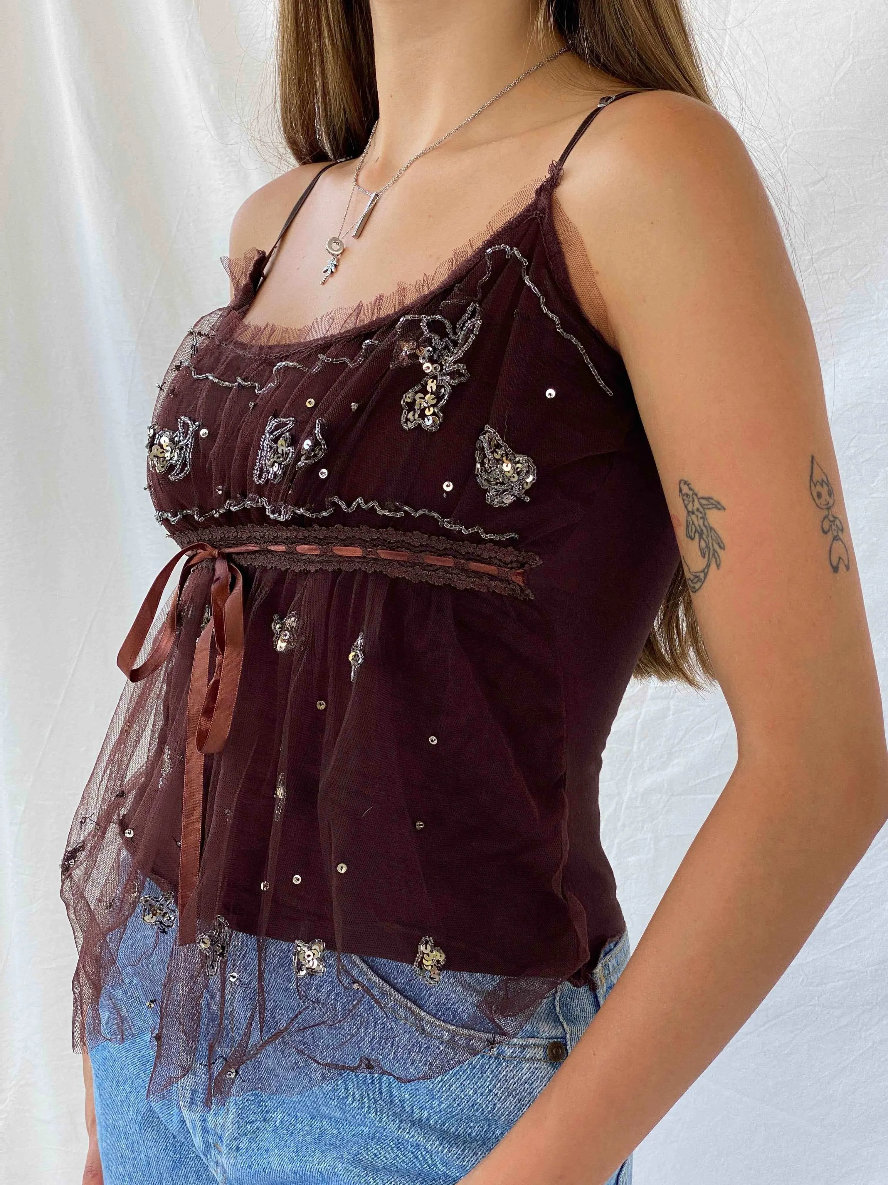 Cute Y2K Brown Beaded Tulle  Top