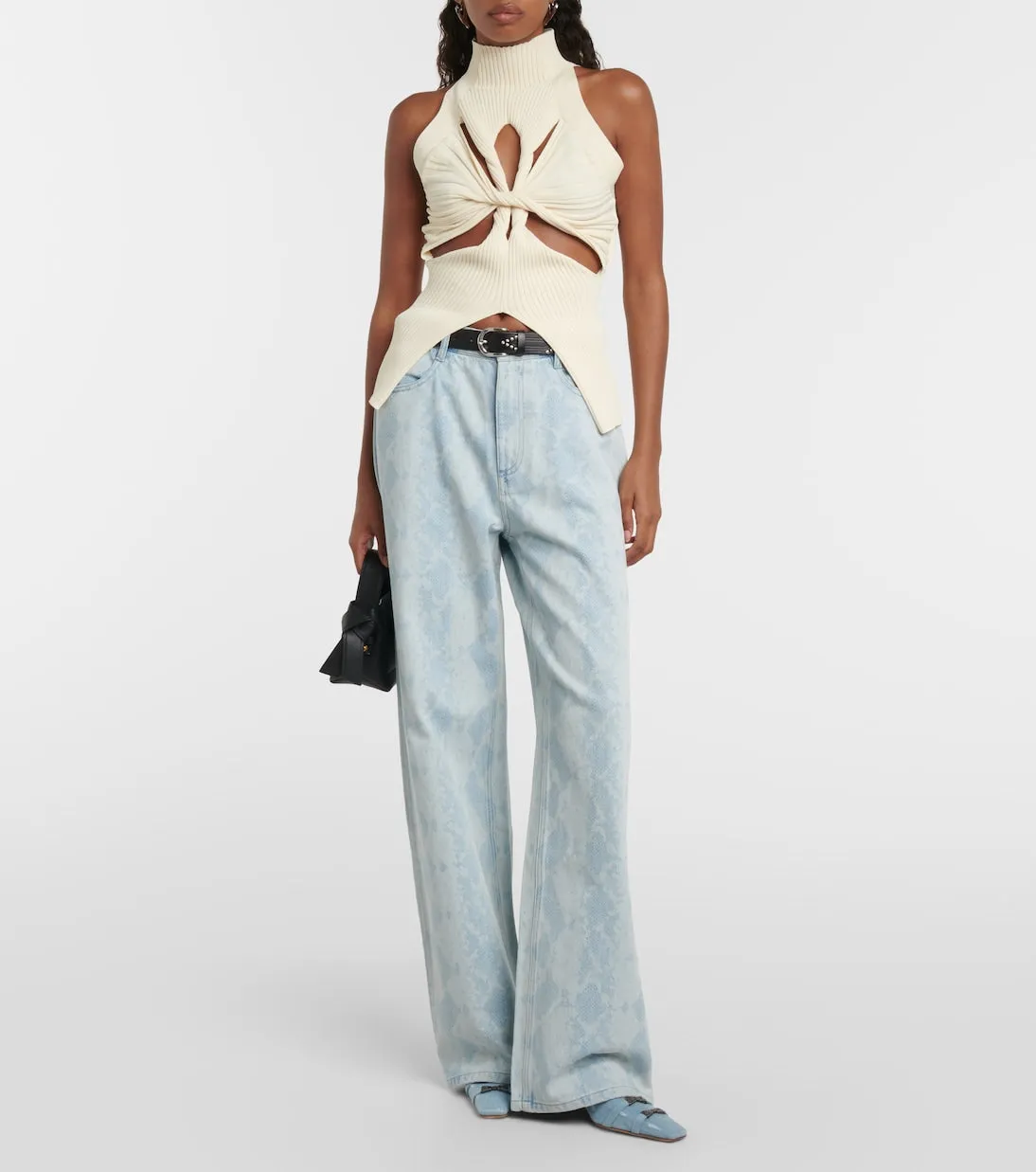 Dion Lee Wide Leg Snake Embossed Jeans, Blue