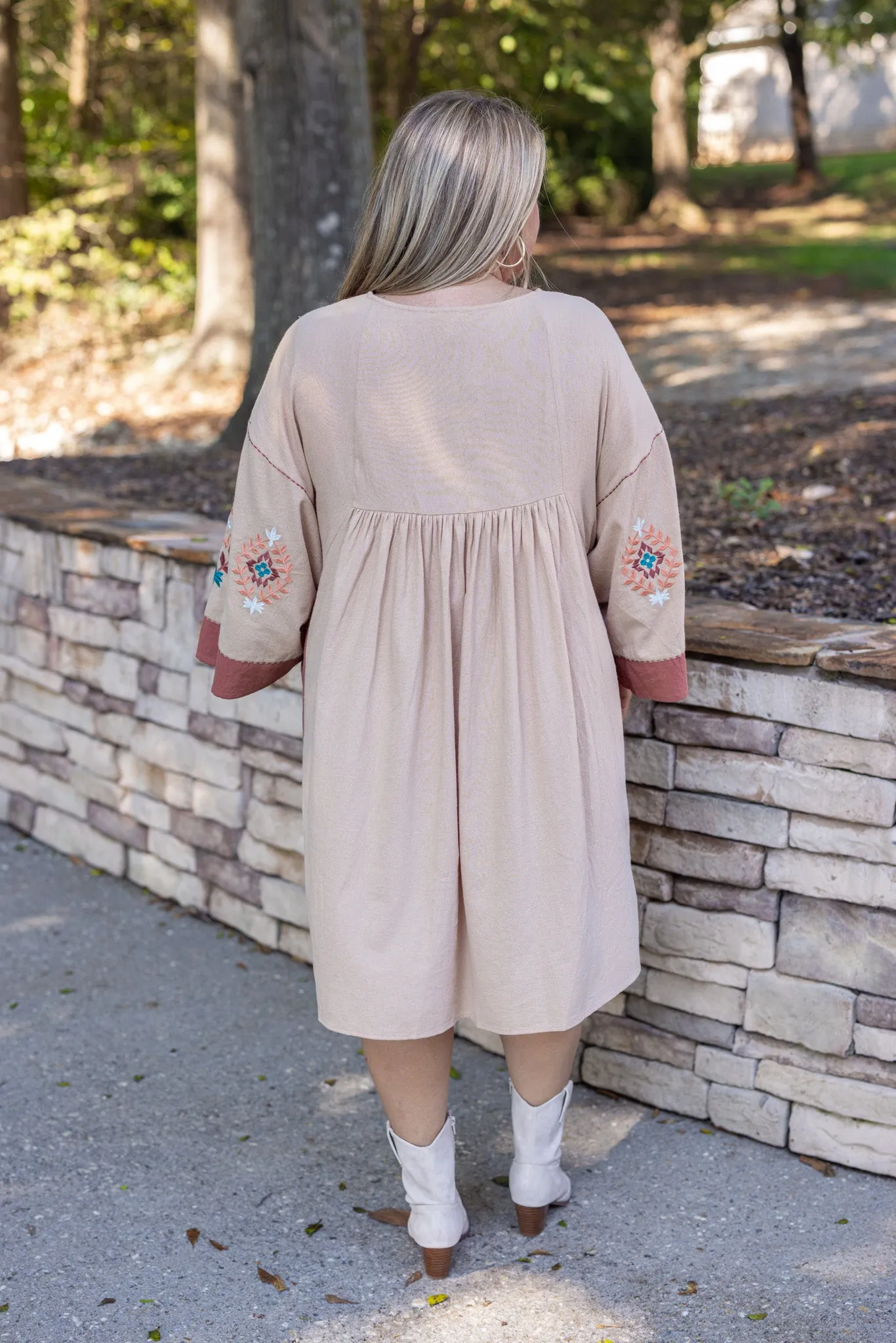 Embroidered Elegance Natural Babydoll Dress