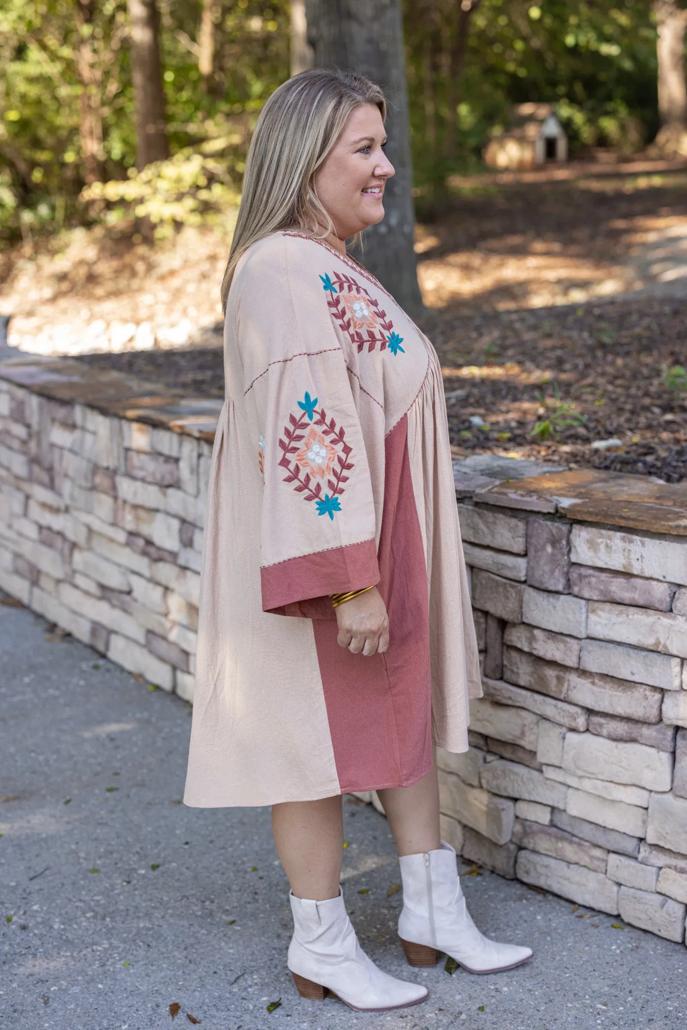 Embroidered Elegance Natural Babydoll Dress