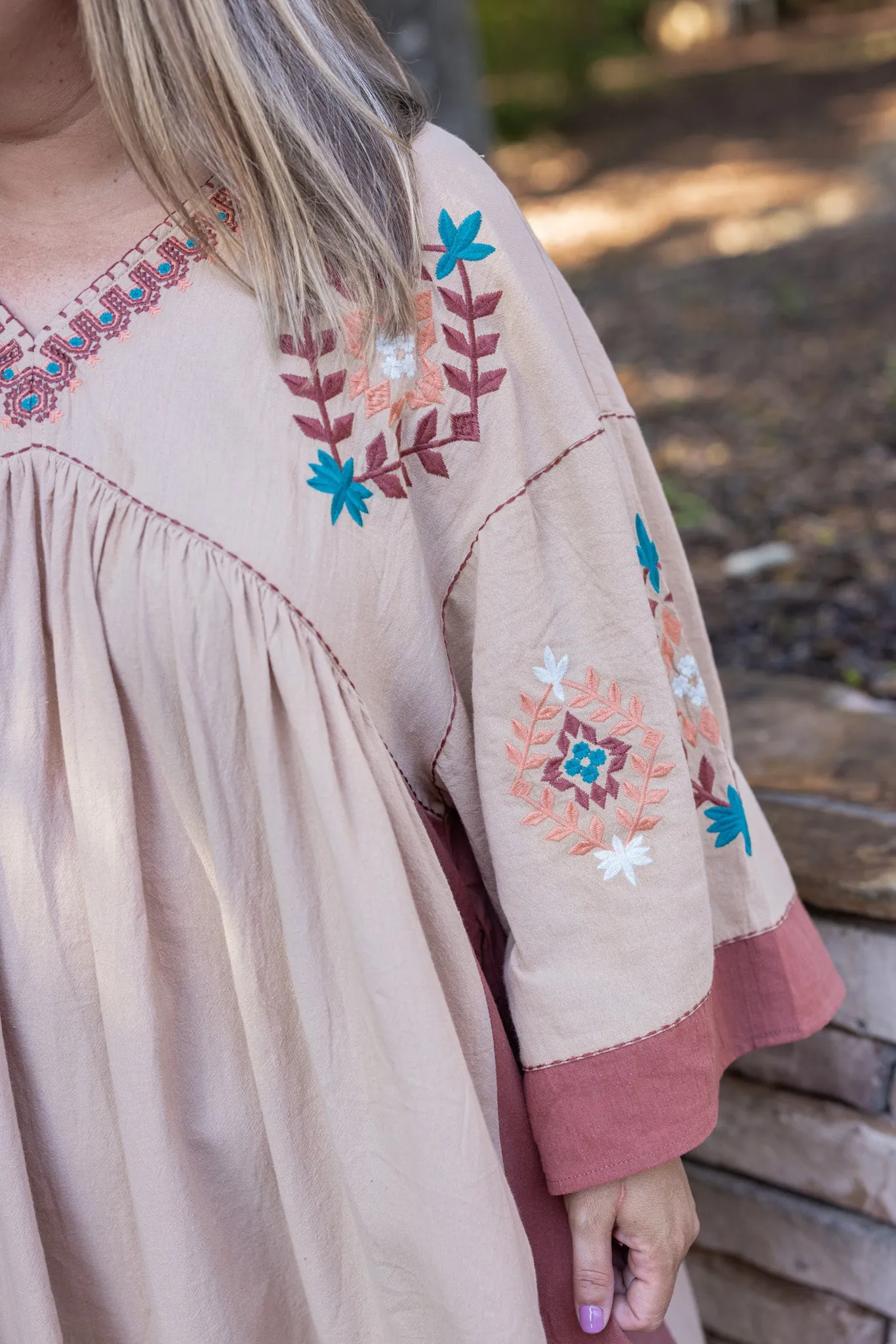 Embroidered Elegance Natural Babydoll Dress