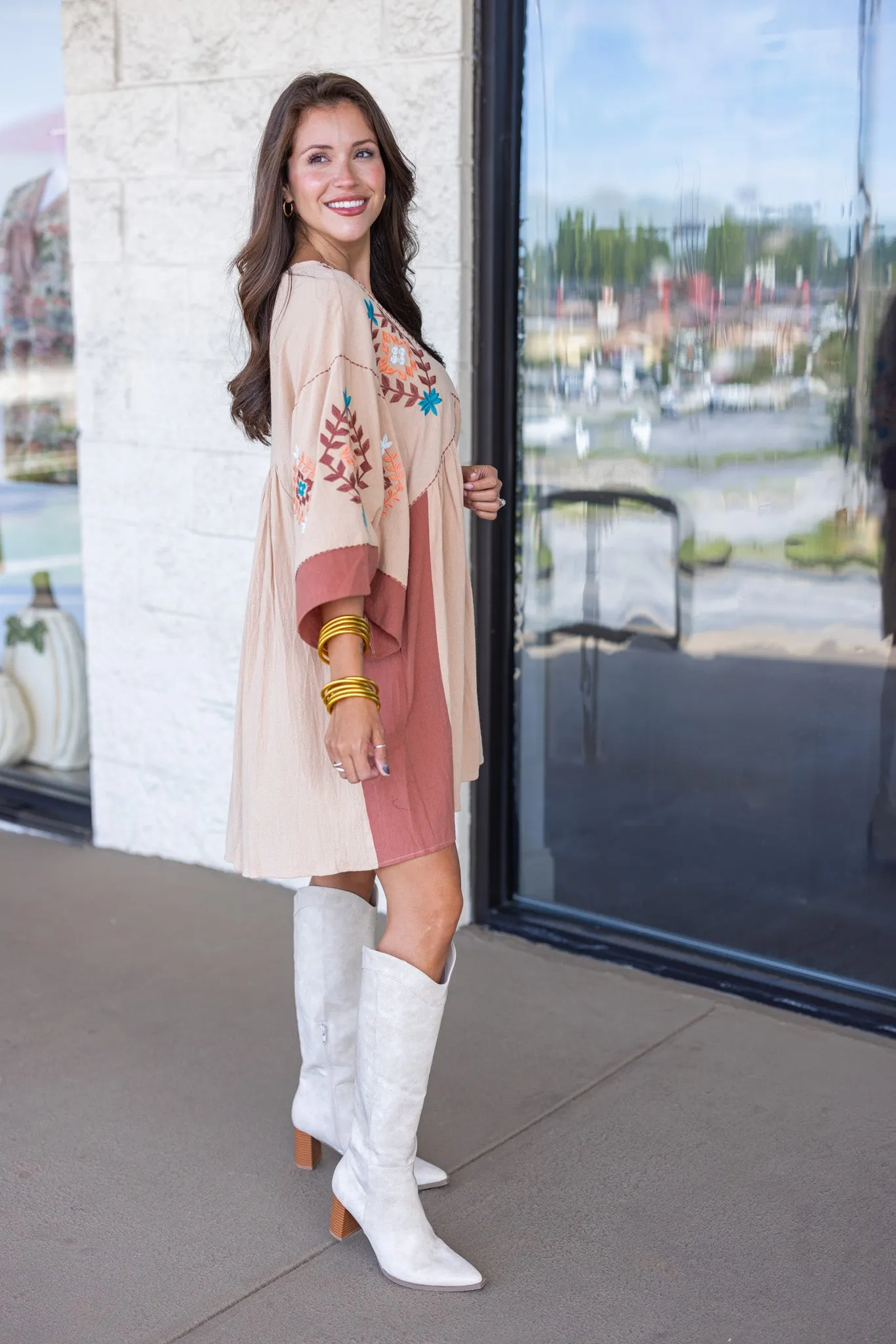 Embroidered Elegance Natural Babydoll Dress
