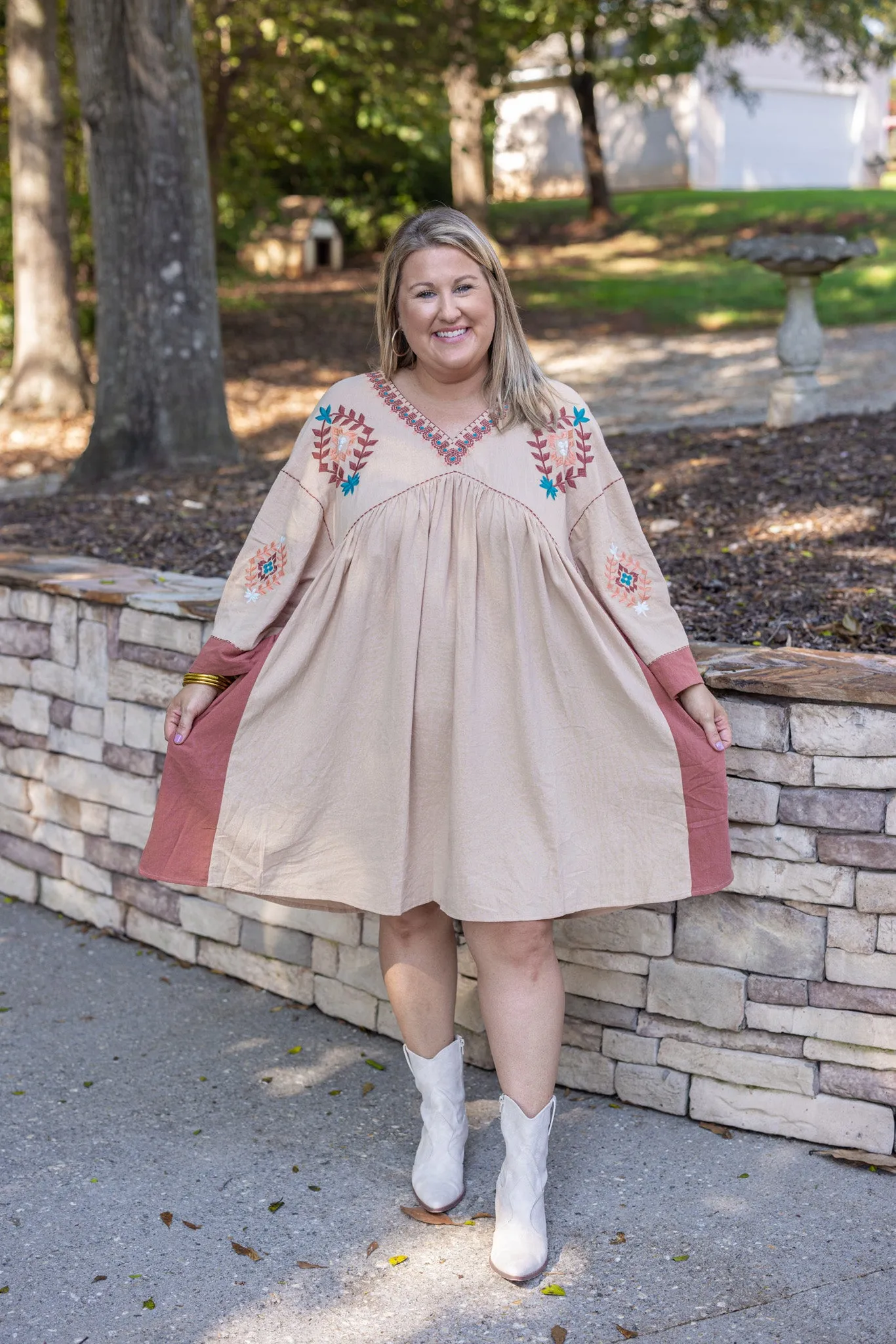 Embroidered Elegance Natural Babydoll Dress