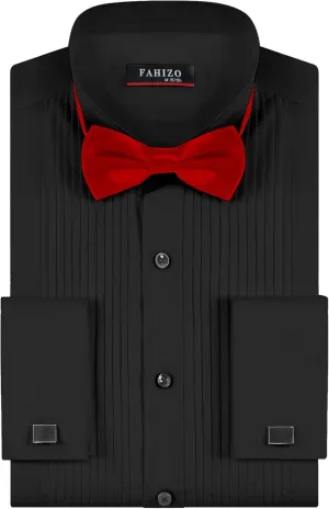 FAHIZO Men's White Tuxedo Shirt with Wing Collar, French Cuffs & Accessories