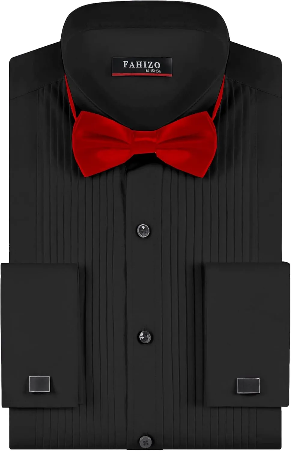 FAHIZO Men's White Tuxedo Shirt with Wing Collar, French Cuffs & Accessories