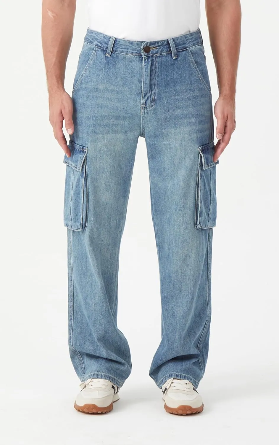 FREDD MARSHALL Cargo Jeans for Mens Relaxed Fit Straight Leg Fashion Work Denim with 6 Pockets