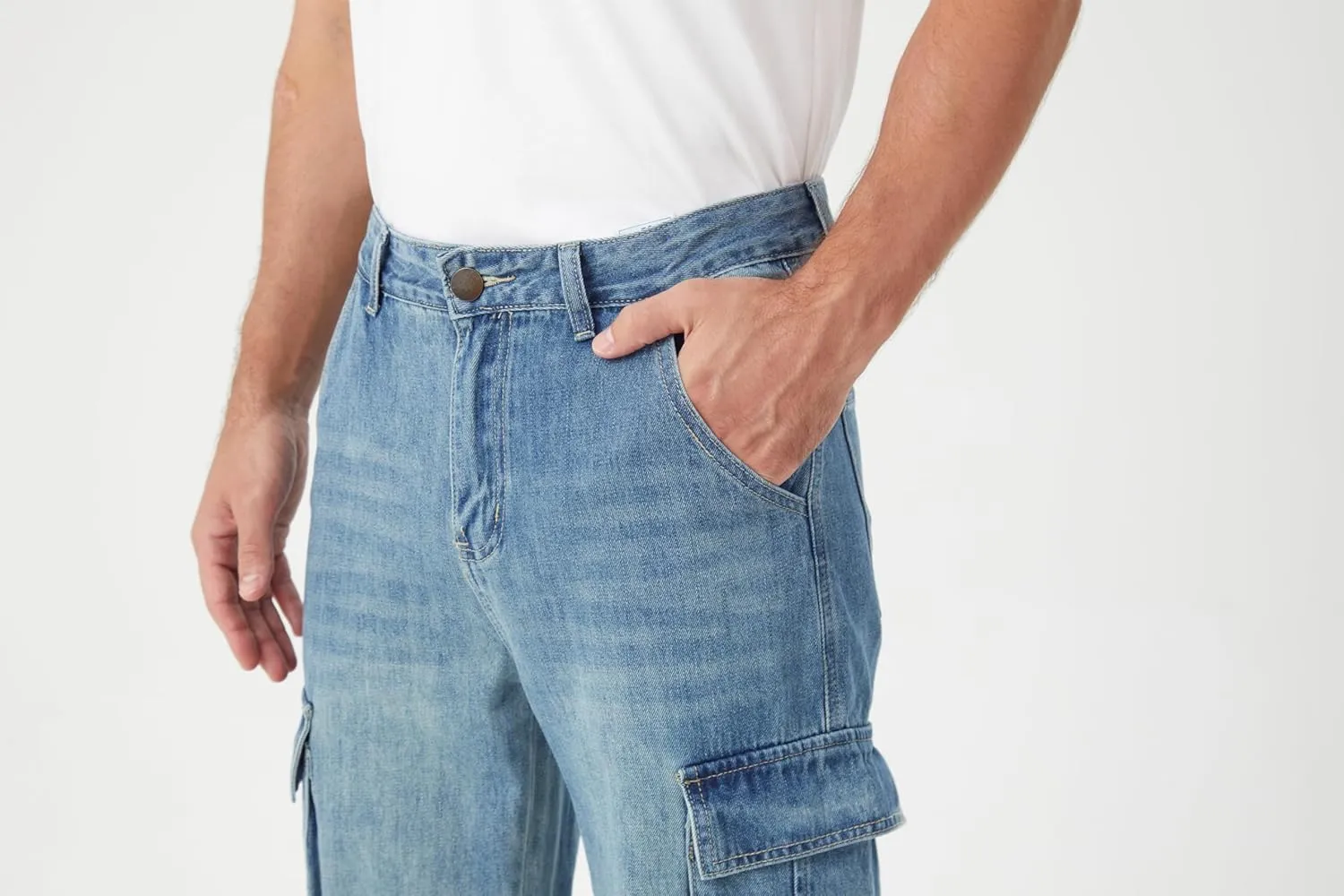 FREDD MARSHALL Cargo Jeans for Mens Relaxed Fit Straight Leg Fashion Work Denim with 6 Pockets