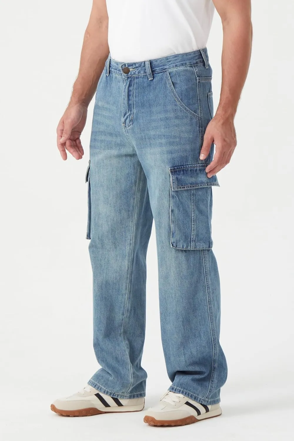 FREDD MARSHALL Cargo Jeans for Mens Relaxed Fit Straight Leg Fashion Work Denim with 6 Pockets