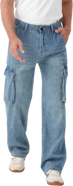 FREDD MARSHALL Cargo Jeans for Mens Relaxed Fit Straight Leg Fashion Work Denim with 6 Pockets