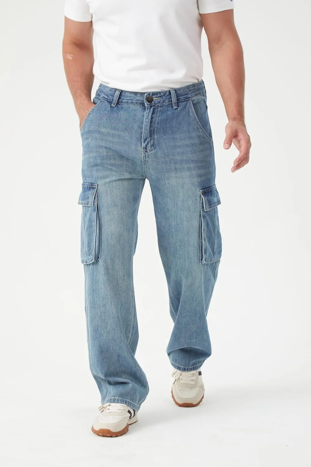 FREDD MARSHALL Cargo Jeans for Mens Relaxed Fit Straight Leg Fashion Work Denim with 6 Pockets