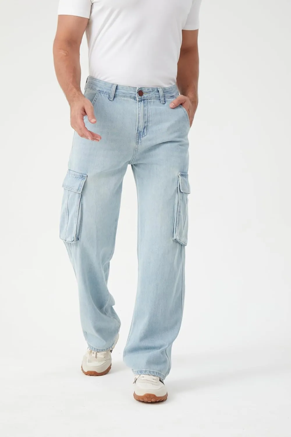 FREDD MARSHALL Cargo Jeans for Mens Relaxed Fit Straight Leg Fashion Work Denim with 6 Pockets