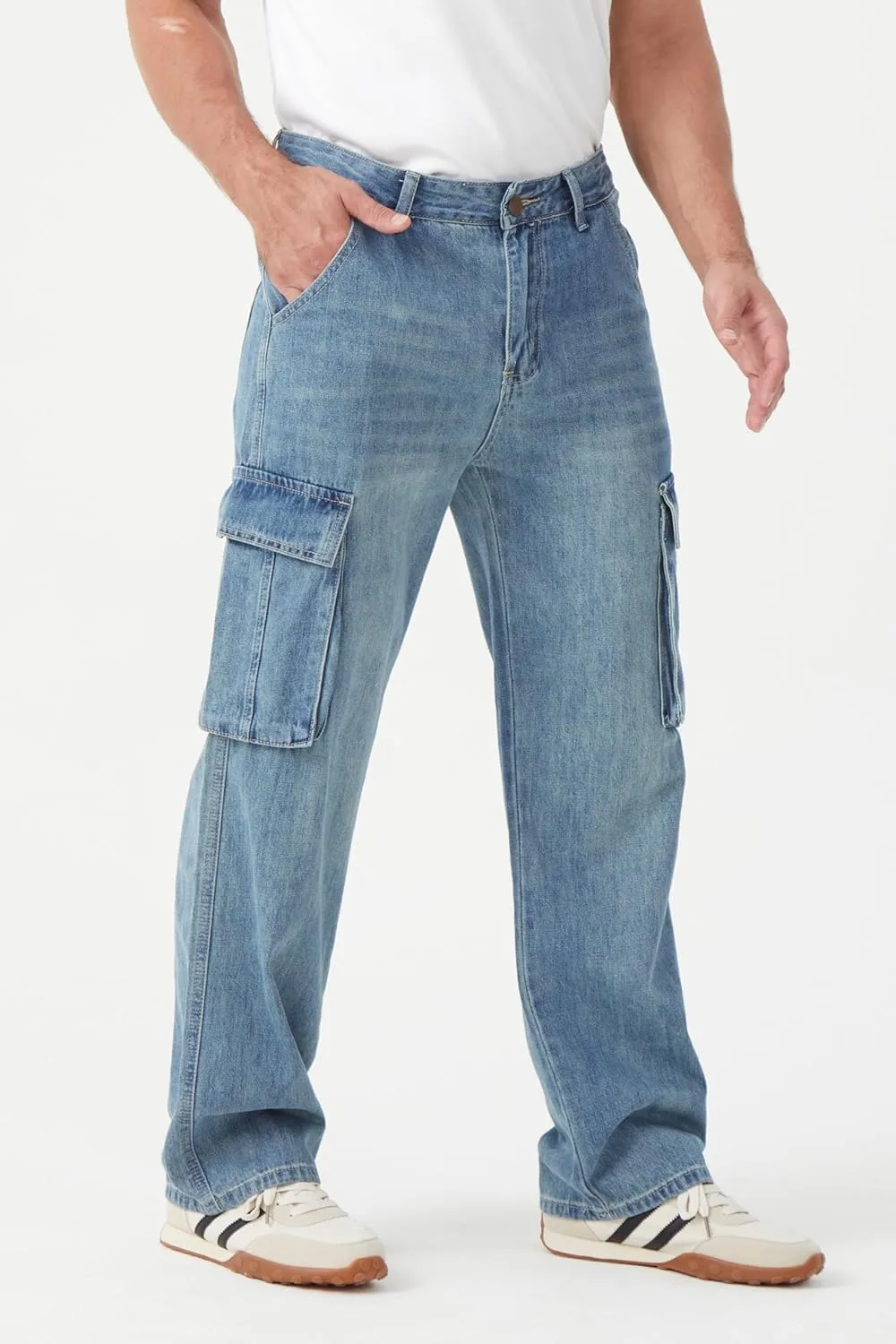 FREDD MARSHALL Cargo Jeans for Mens Relaxed Fit Straight Leg Fashion Work Denim with 6 Pockets