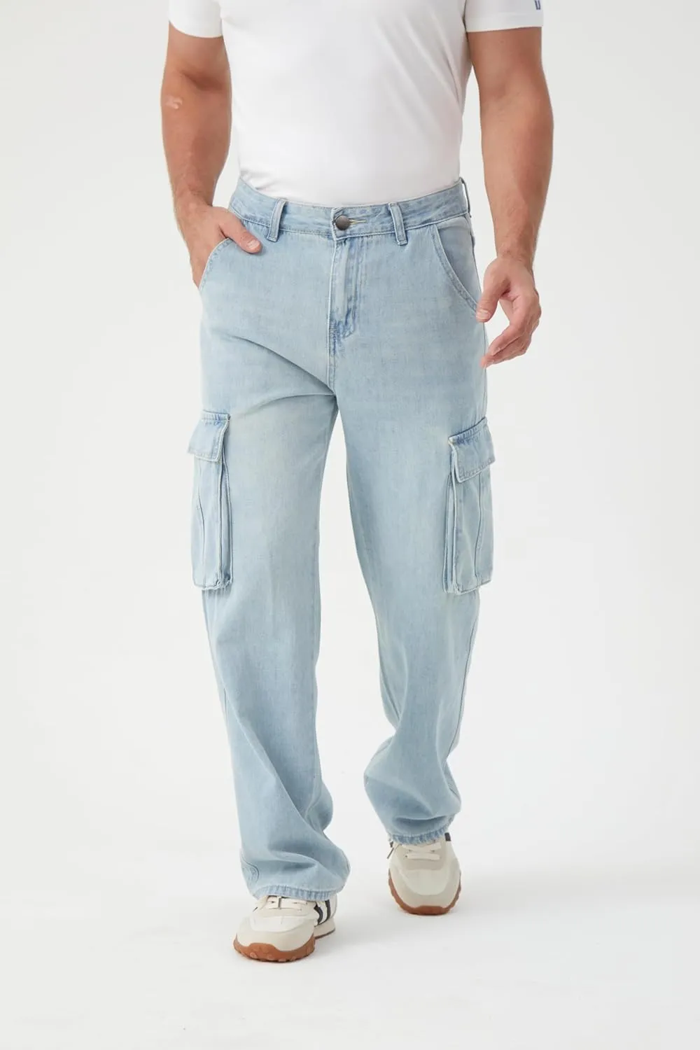 FREDD MARSHALL Cargo Jeans for Mens Relaxed Fit Straight Leg Fashion Work Denim with 6 Pockets
