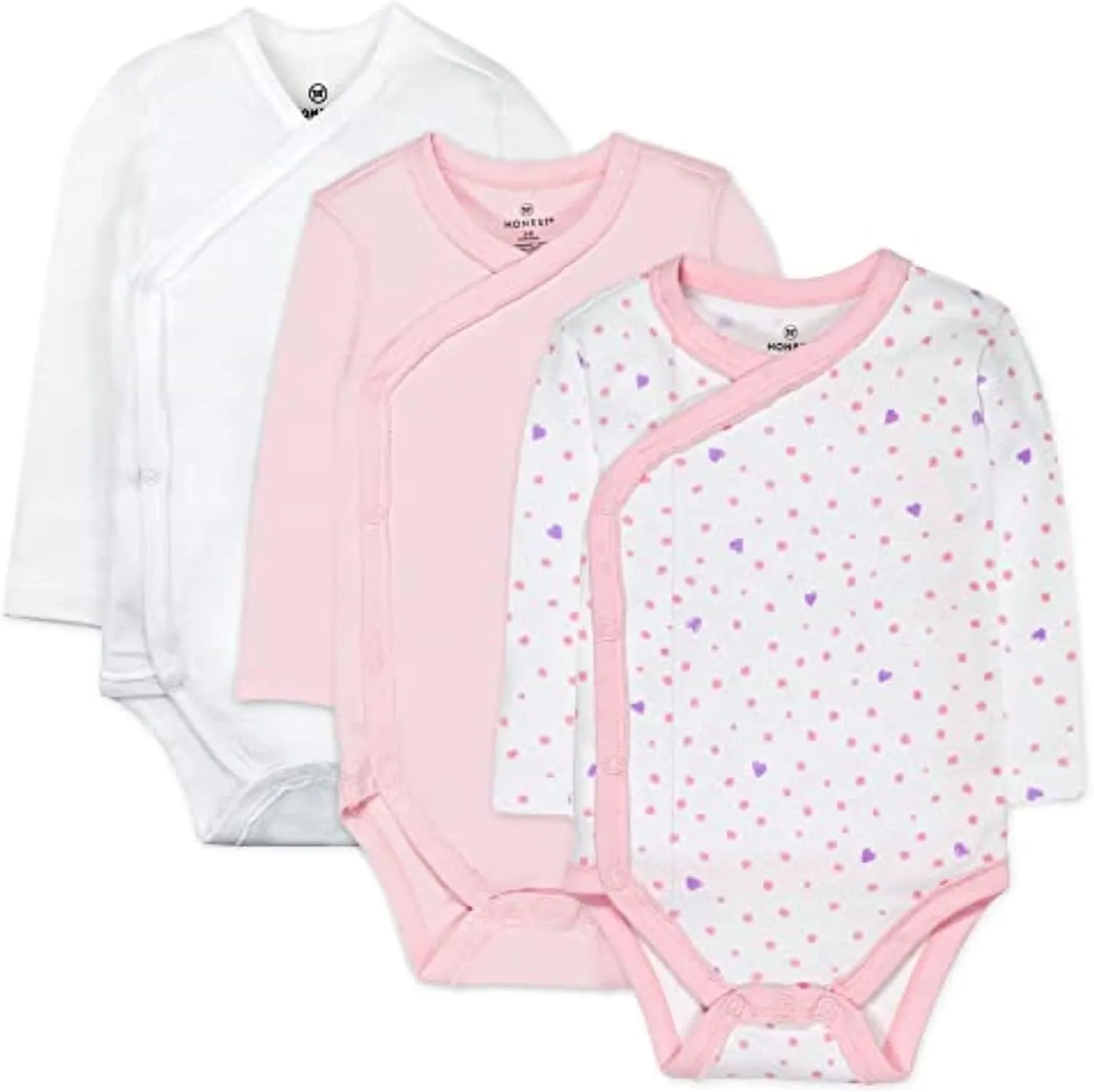 HonestBaby unisex baby 3-pack Organic Cotton Long Sleeve Side-snap Kimono Bodysuits and Toddler T Shirt Set, Love Dot, 0-3 Months US