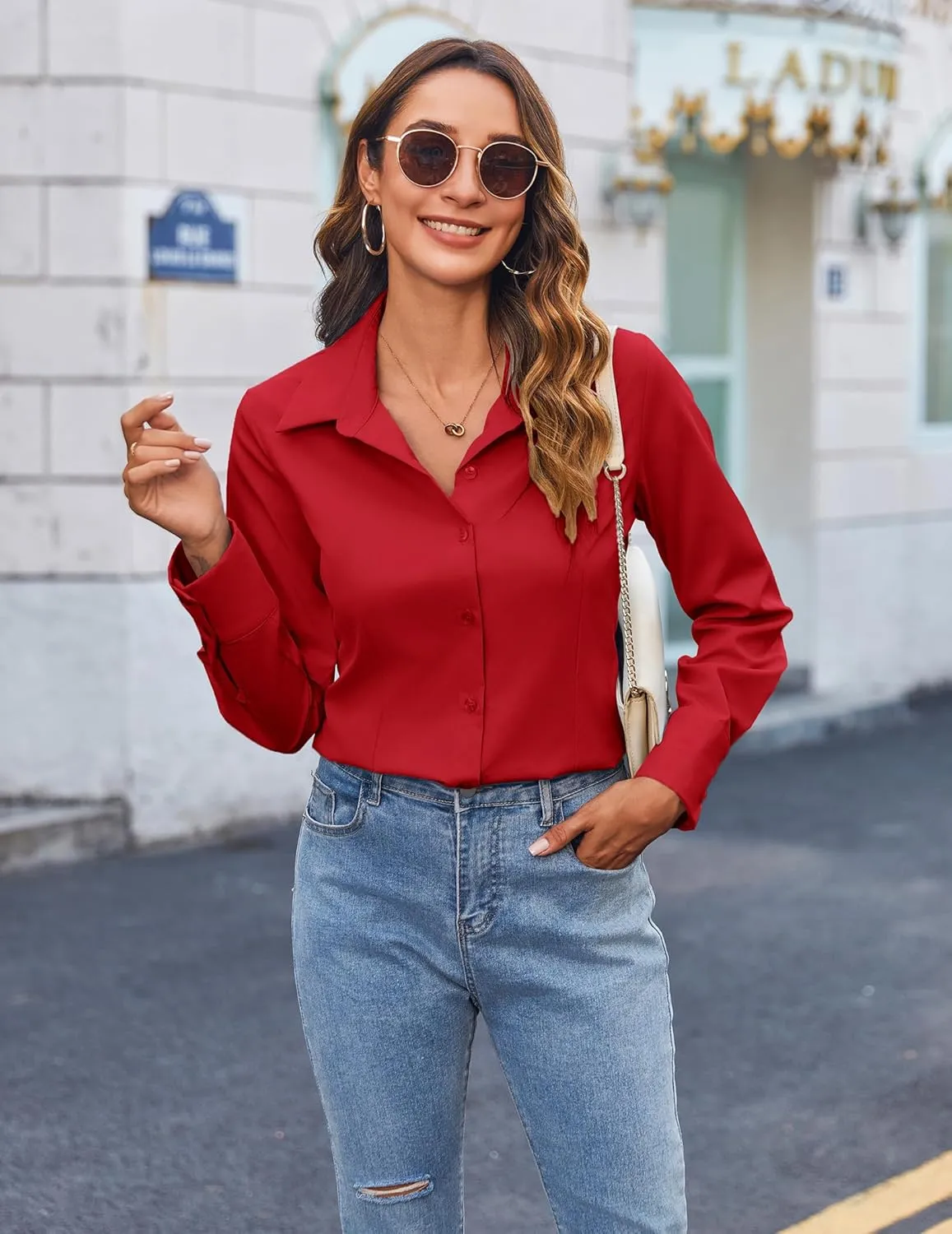 HOTOUCH Women's Button Down Shirts Long Sleeve Button-up Dress Shirt Fitted Business Collared Work Office Suit Blouses