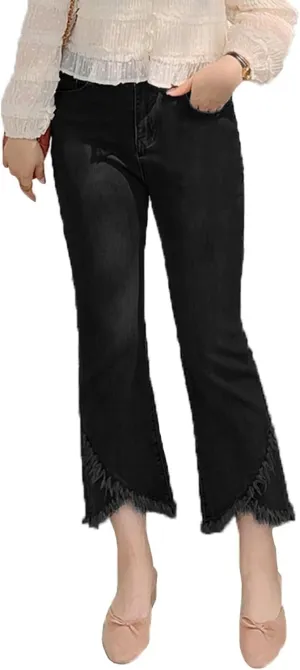 INVACHI Womens Stretch Cropped Fringe Jeans Distressed and Ripped Denim Jeans Tassel Denim Pants with Frayed Hem