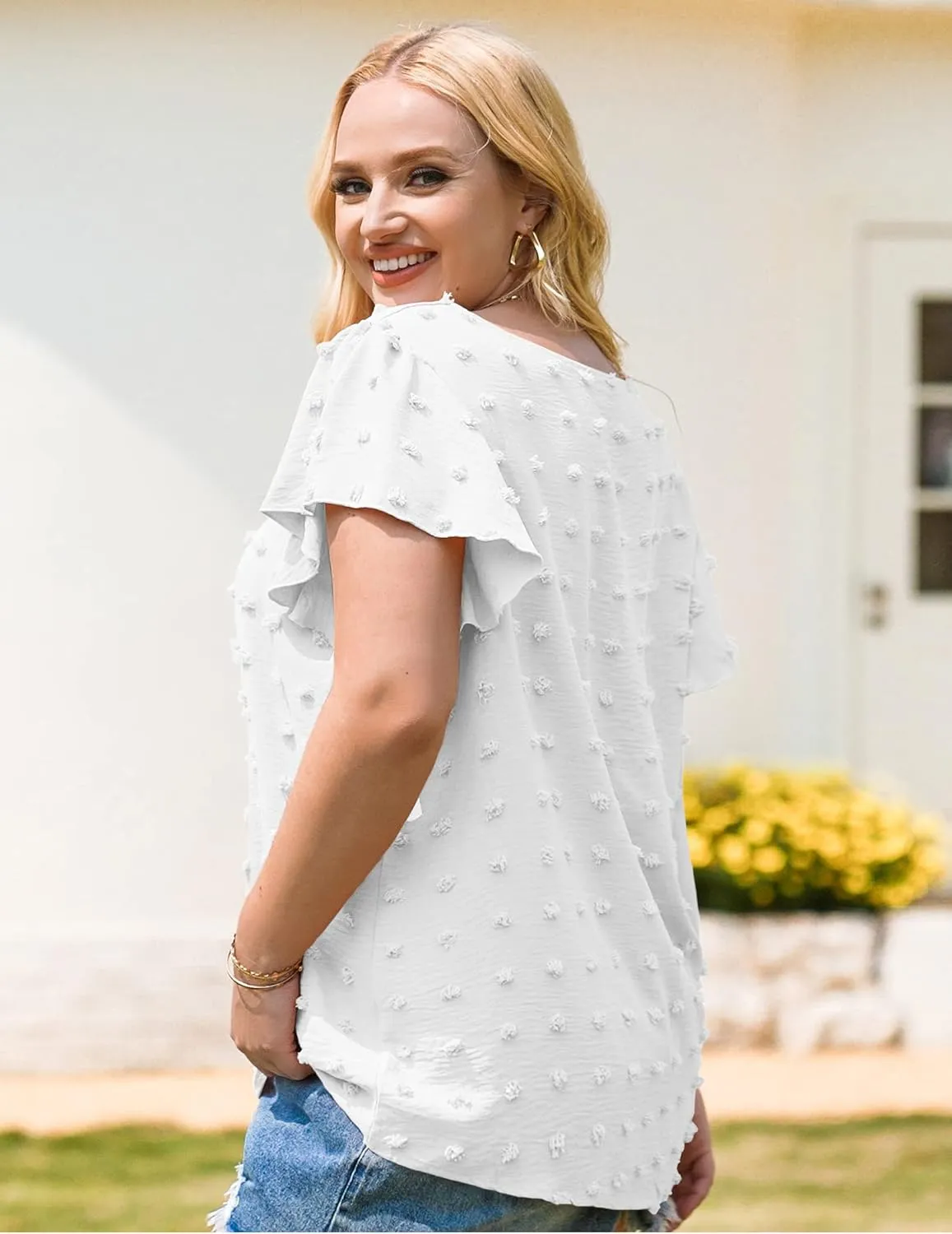 IN'VOLAND Womens Plus Size White Blouse Dressy V Neck Cute Ruffle Sleeve Summer Tops Flowy Pom Pom Tshirts