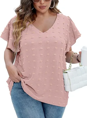 IN'VOLAND Womens Plus Size White Blouse Dressy V Neck Cute Ruffle Sleeve Summer Tops Flowy Pom Pom Tshirts