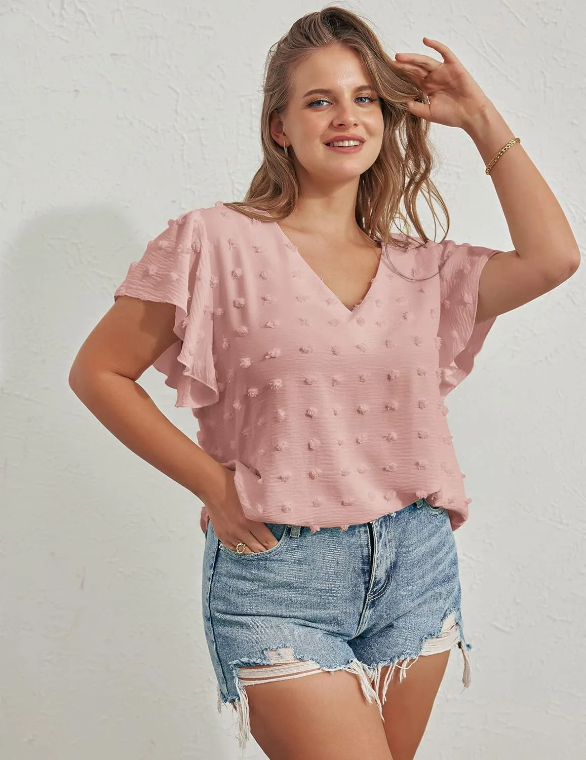 IN'VOLAND Womens Plus Size White Blouse Dressy V Neck Cute Ruffle Sleeve Summer Tops Flowy Pom Pom Tshirts