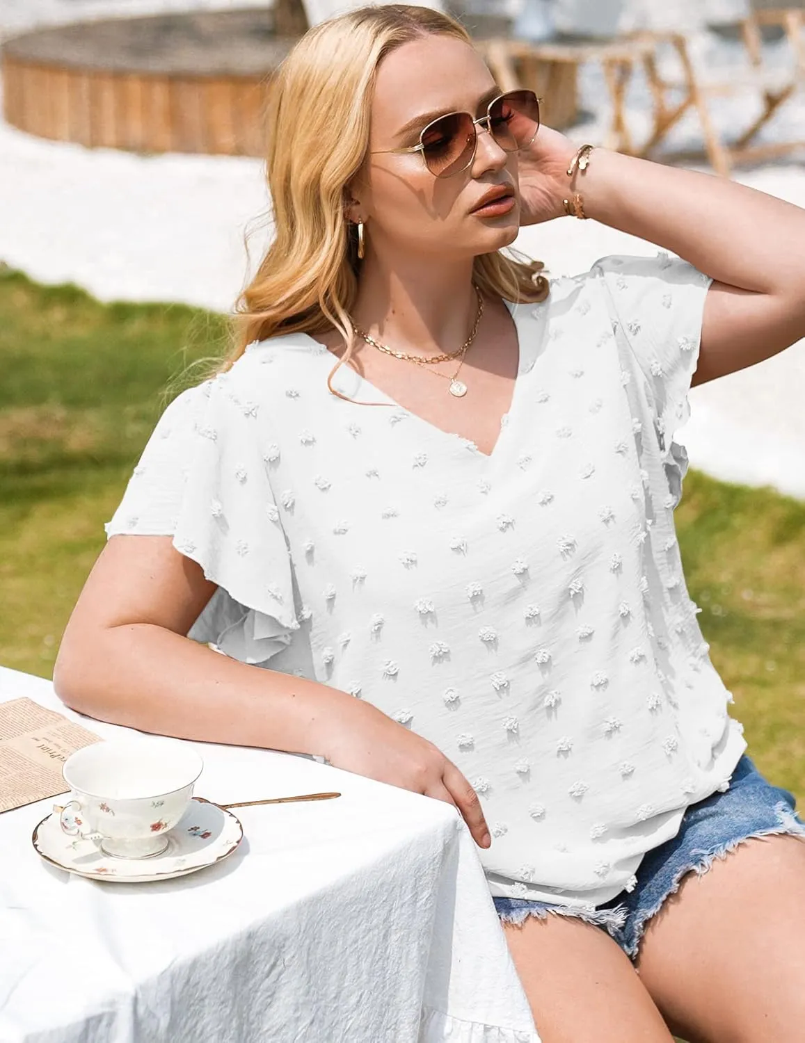 IN'VOLAND Womens Plus Size White Blouse Dressy V Neck Cute Ruffle Sleeve Summer Tops Flowy Pom Pom Tshirts