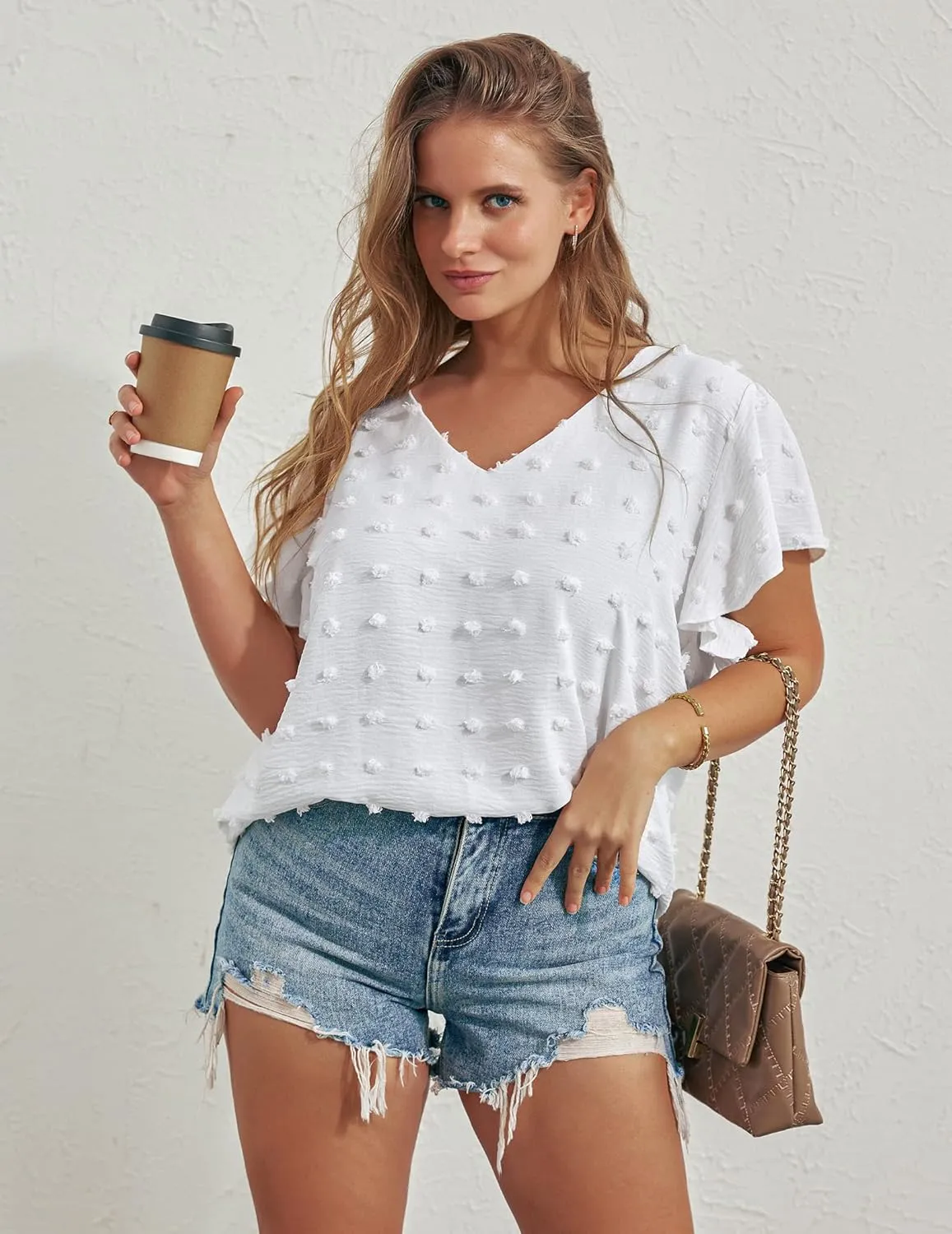 IN'VOLAND Womens Plus Size White Blouse Dressy V Neck Cute Ruffle Sleeve Summer Tops Flowy Pom Pom Tshirts